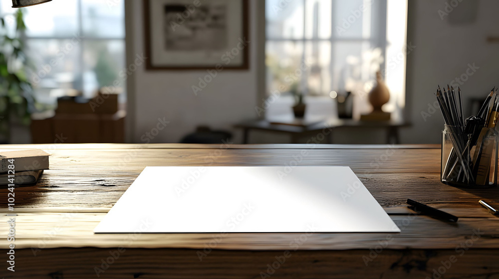 A4 Paper Mockup on Desk, Detailed Workspace Arrangement, High Definition Clarity, Inviting Atmosphere, Professional Aesthetic