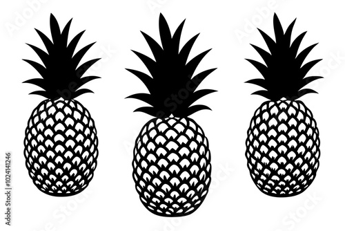Top veiw, Set three shadow pineapple isolated on yellow background for stock photo or design advertising product, wallpaper,thai fruit summer, ananas pattern