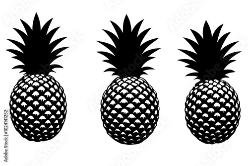 Top veiw, Set three shadow pineapple isolated on yellow background for stock photo or design advertising product, wallpaper,thai fruit summer, ananas pattern
