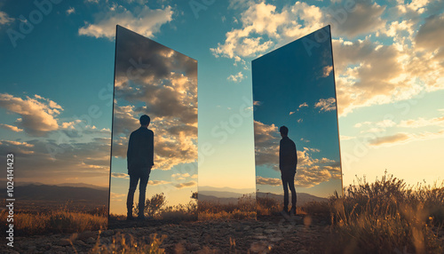 Photograph people standing next to large mirrors outdoors, blending reflections of the sky or landscape with their form to create a surreal, alternate reality effect