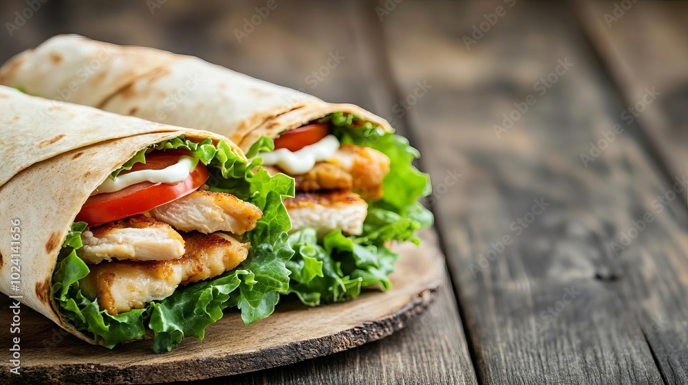 Traditional chicken burger with lettuce, tomato, and mayo, rustic wrap, urban street food vibe Traditional chicken burger with lettuce, tomato, and mayo, rustic wrap, urban street food vibe