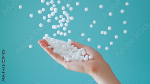 Hand holding white polystyrene foam beads ball drop from Styrofoam machine for fragile stuff packaging box on blue modern luxury background for decoration