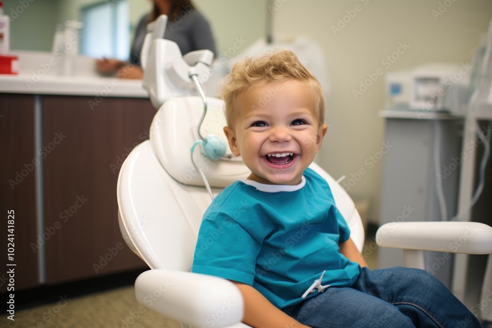 A little boy with a cheerful demeanor is comfortably sitting in a dental chair, grinning widely and smiling happily as he enjoys the moment