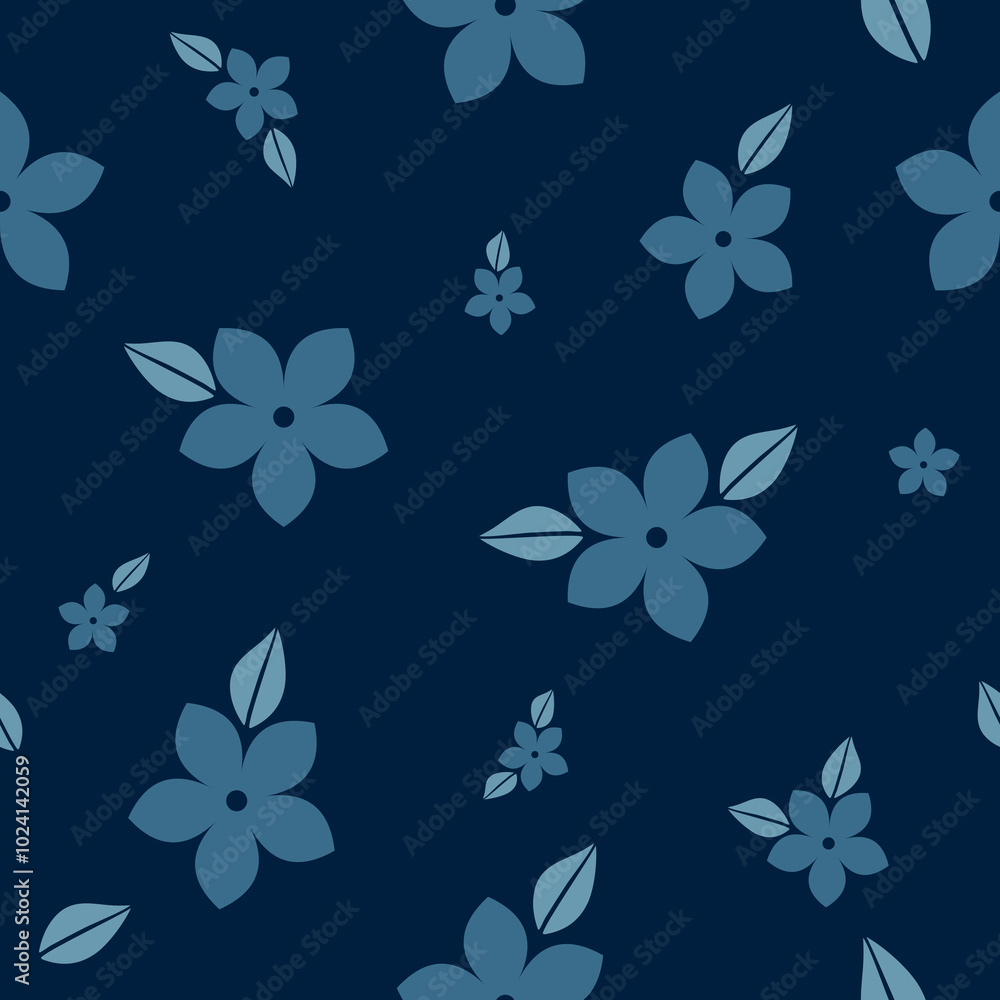 Obraz premium Seamless pattern of cute floral and leaf patterns scattered on a blue background for fabric, textiles, clothing, wallpaper, wall art, cover, banner, interior decoration 