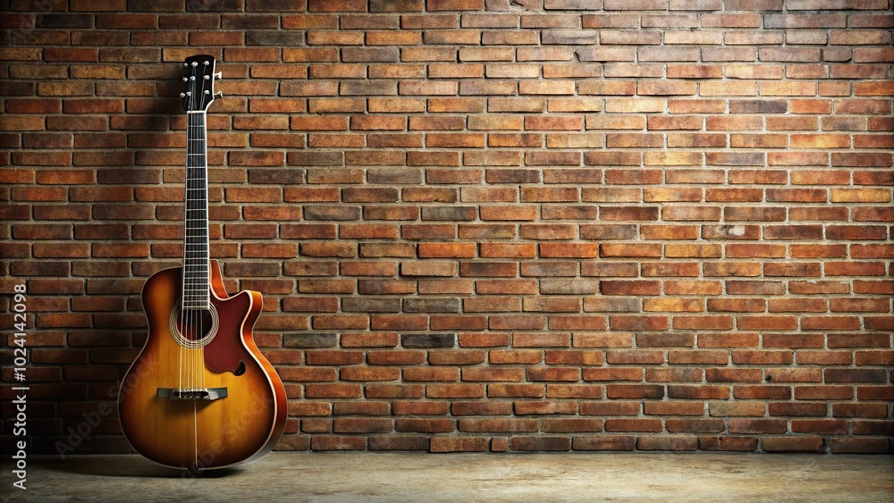 Long shot of a guitar against a brick wall Long shot of a guitar against a brick wall