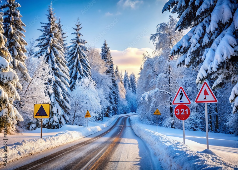 Road Signs in Winter Landscape: Directional Signage Amidst Snowy Background for Travel and Safety Themes Road Signs in Winter Landscape: Directional Signage Amidst Snowy Background for Travel and Safety Themes