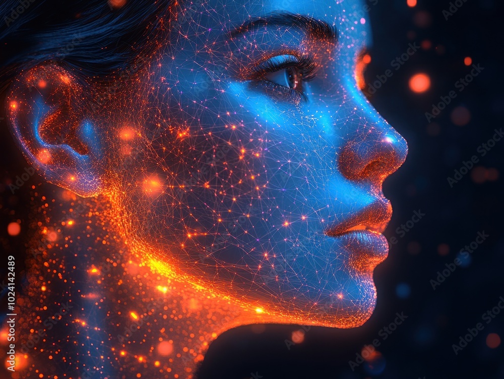 Abstract portrait of a woman with a glowing face, created with digital art. Abstract portrait of a woman with a glowing face, created with digital art.