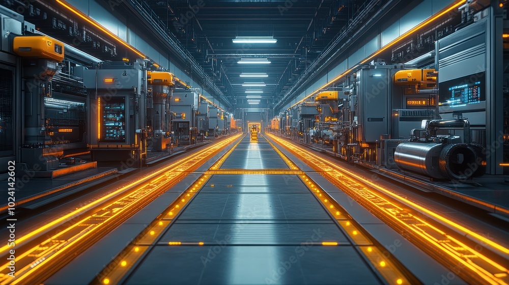 Futuristic industrial corridor with glowing pathways and machinery. Futuristic industrial corridor with glowing pathways and machinery.