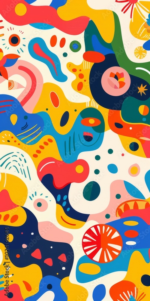 A colorful abstract painting with a lot of different shapes and colors. The painting is full of life and energy A colorful abstract painting with a lot of different shapes and colors. The painting is full of life and energy