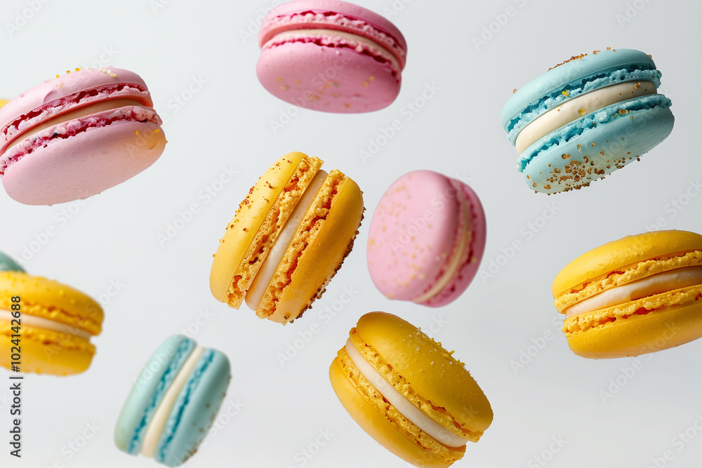 Colorful macarons levitate against a bright white background in a playful display Colorful macarons levitate against a bright white background in a playful display