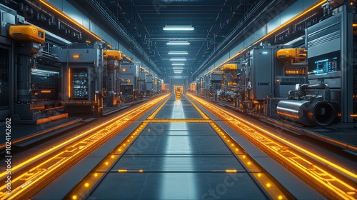 Futuristic industrial corridor with glowing pathways and machinery.