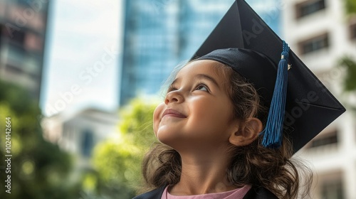 Young children in graduation cap and gown looking upward, standing in a modern building with natural light streaming