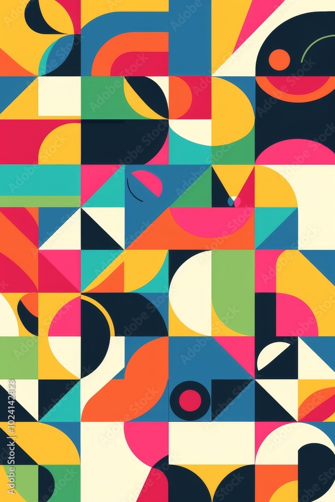 A colorful abstract pattern with a variety of shapes and colors. The image is a collage of different shapes and colors A colorful abstract pattern with a variety of shapes and colors. The image is a collage of different shapes and colors