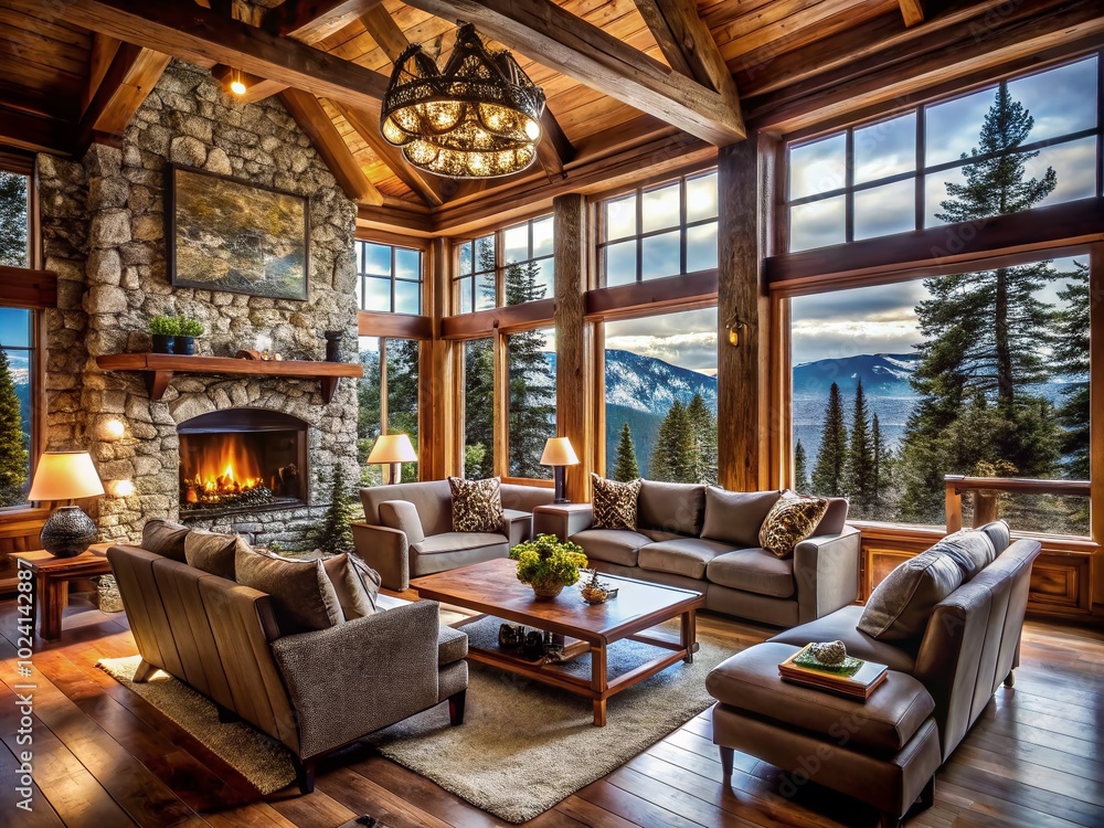 Rustic Mountain Cabin Living Room with Stone Fireplace and Snow-Covered Forest View Rustic Mountain Cabin Living Room with Stone Fireplace and Snow-Covered Forest View