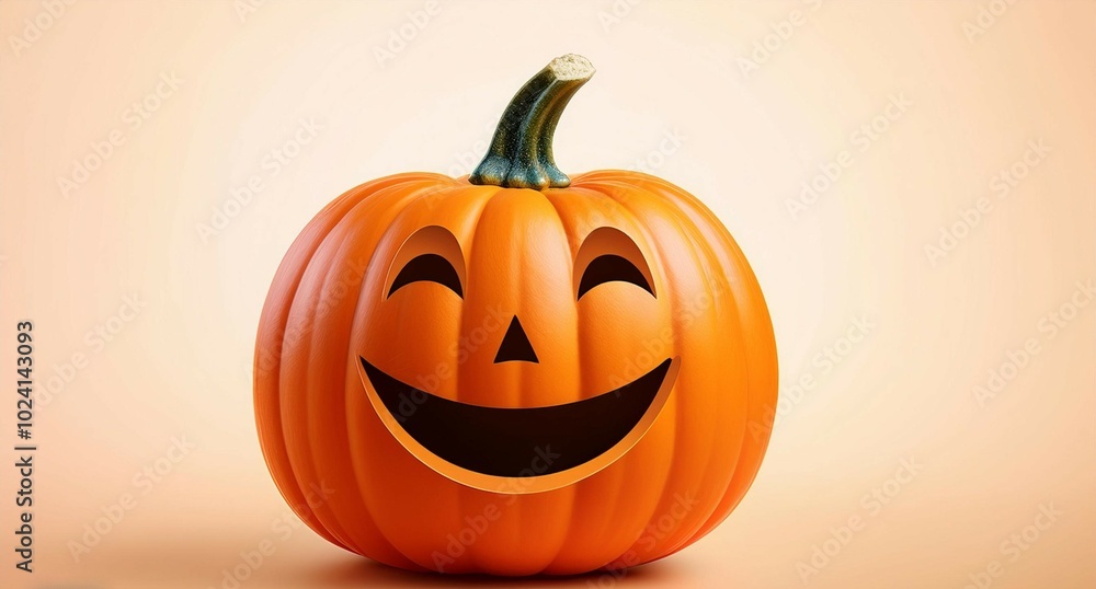 Calabaza con rostro sonriente y divertido, ilustración para diseños de halloween, calabaza divertida con un fondo en color sólido y sombras suaves Calabaza con rostro sonriente y divertido, ilustración para diseños de halloween, calabaza divertida con un fondo en color sólido y sombras suaves