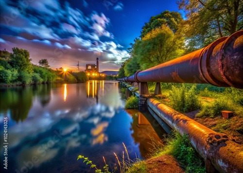 Rusty Pipe Wall by Serene Riverbank Surrounded by Nature's Beauty and Tranquil Waters in an Industrial Setting