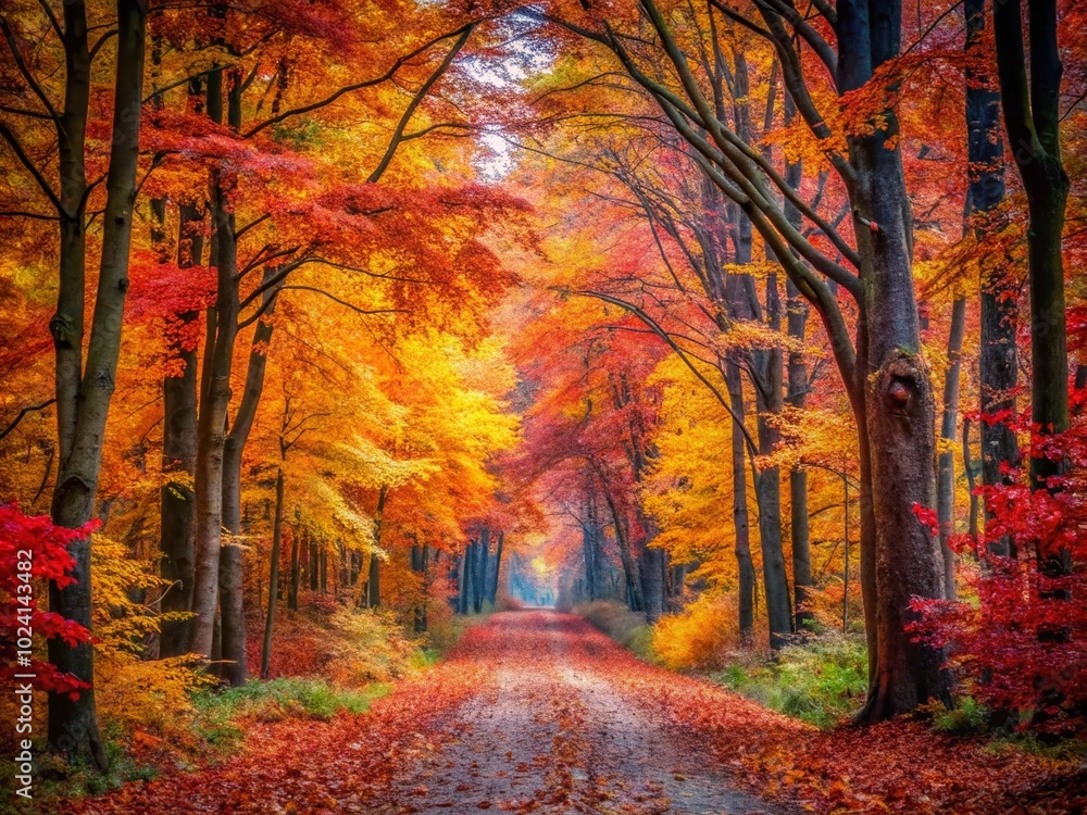 Scenic Autumn Pathway Through a Fiery Forest of Colorful Leaves and Tranquil Nature for Relaxation and Inspiration Scenic Autumn Pathway Through a Fiery Forest of Colorful Leaves and Tranquil Nature for Relaxation and Inspiration