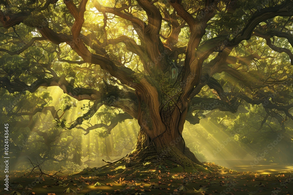 Fototapeta premium Ancient Oak Tree Bathed in Golden Sunlight
