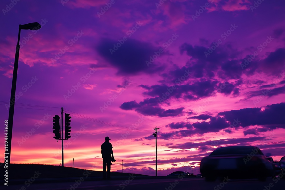 A striking purple sunset with silhouettes of a person and a car, symbolizing solitude, reflection, and the beauty of a quiet evening sky.
