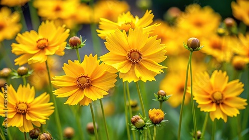 Long shot of yellow flowers in garden