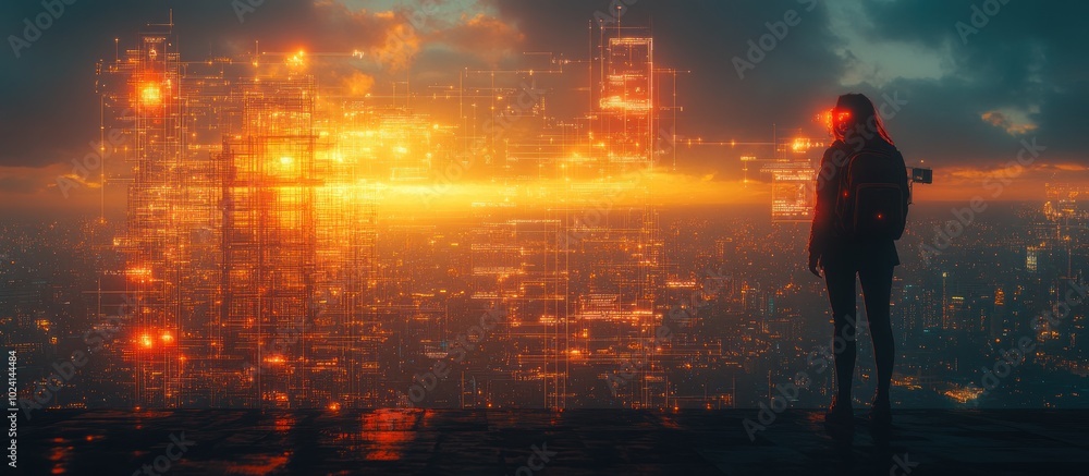 A silhouette of a person against a futuristic cityscape with digital elements at sunset. A silhouette of a person against a futuristic cityscape with digital elements at sunset.
