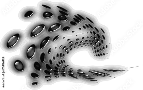 A ruffled halftone dot badge with melted metallic edges. Gradient shadow effect. Copy space for text. Vector.
