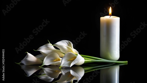 Long shot white callas and white burning candle on black background