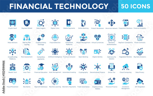 Financial Technology icon set with crypto vault, payment shield, data insights, digital coins, mobile payments, online banking, fintech revolution icon. Simple flat vector 

