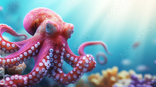 A vibrant and detailed octopus in its natural underwater habitat, showcasing its striking colors and intricate textures as it navigates through the coral.