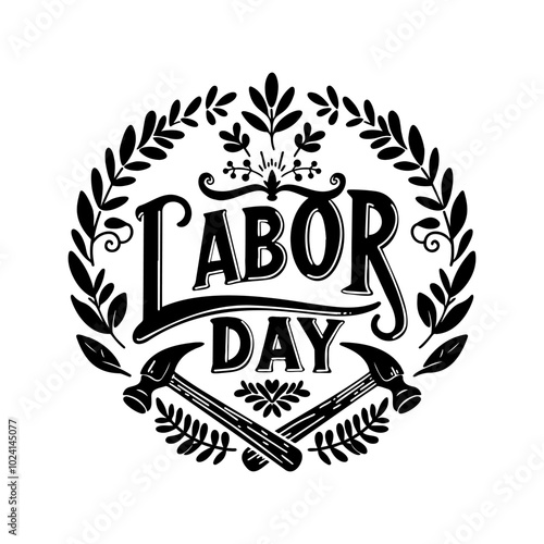 Celebrate Labor Day with a vintage-inspired design featuring hammers and decorative leaves in black and white