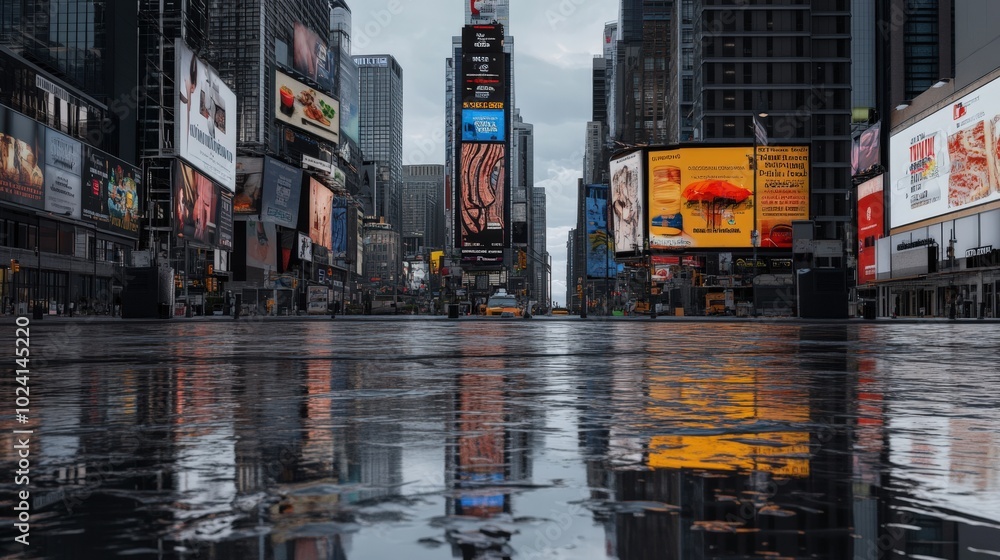A reflective view of a city street with billboards and a cloudy sky. A reflective view of a city street with billboards and a cloudy sky.