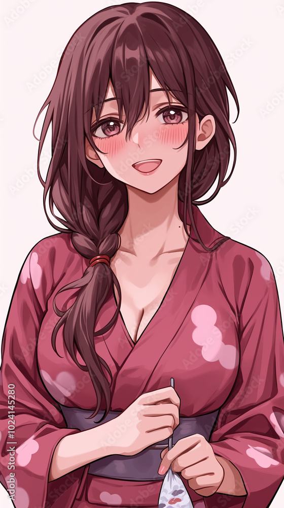 Cute Anime Girl in Pink Kimono - Japanese Illustration Cute Anime Girl in Pink Kimono - Japanese Illustration