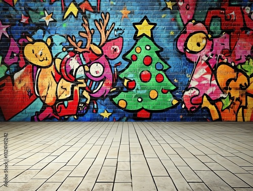 A graffitifilled urban wall with a large blank canvas for Christmasthemed art photo