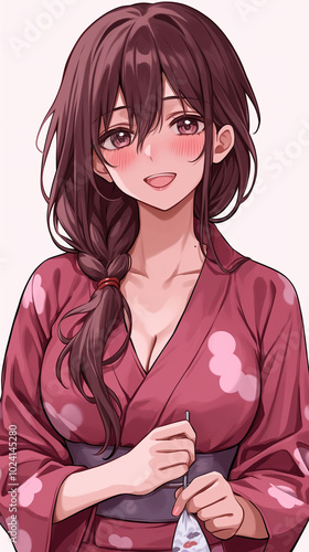 Cute Anime Girl in Pink Kimono - Japanese Illustration