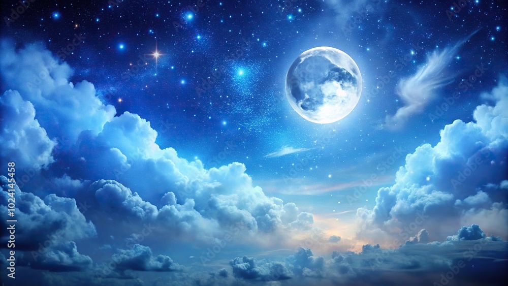 Lovely magical blue night sky with stars, clouds, and a full moon at a tilted angle Lovely magical blue night sky with stars, clouds, and a full moon at a tilted angle