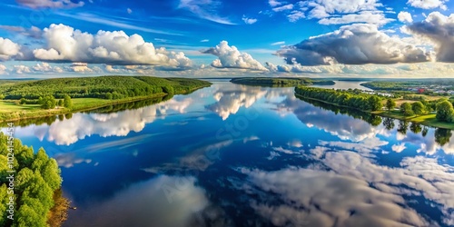 Serene Panorama of the Calm Kama River in Perm Krai, Russia, with Stunning Reflections of Blue Sky and