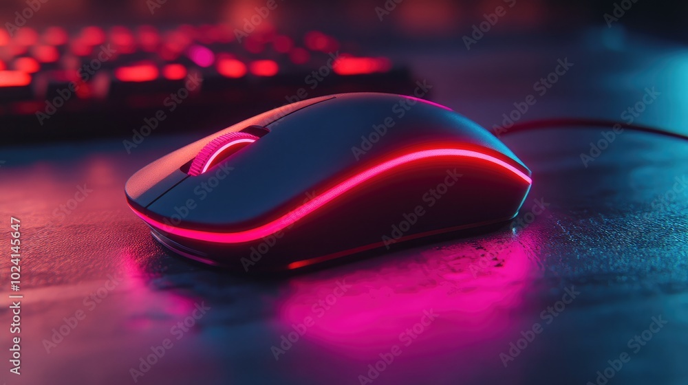 Gaming Mouse with Neon Lights on a Desktop Surface Gaming Mouse with Neon Lights on a Desktop Surface