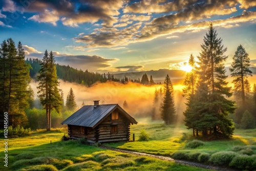 Serene Sunrise Landscape with Log Cabin in Lush Forest - Tranquil Nature Scene