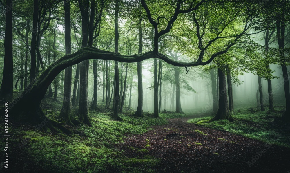 Obraz premium A serene forest scene with mist, lush trees, and a winding path inviting exploration.