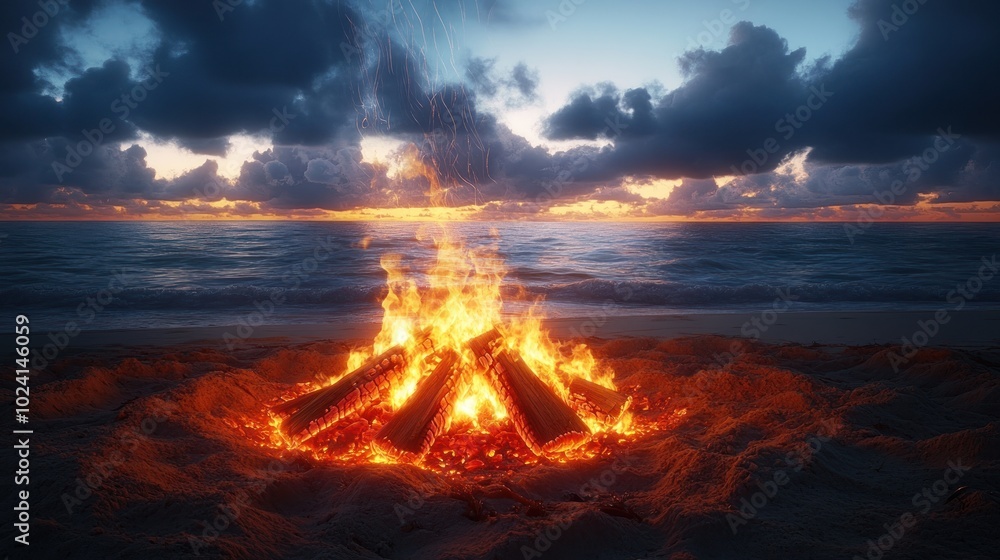 A serene beach bonfire at sunset, creating a warm ambiance. A serene beach bonfire at sunset, creating a warm ambiance.