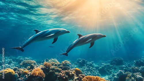 Two dolphins gracefully swim through a vibrant underwater scene filled with colorful coral and sunlight filtering from above, showcasing the beauty of ocean life.