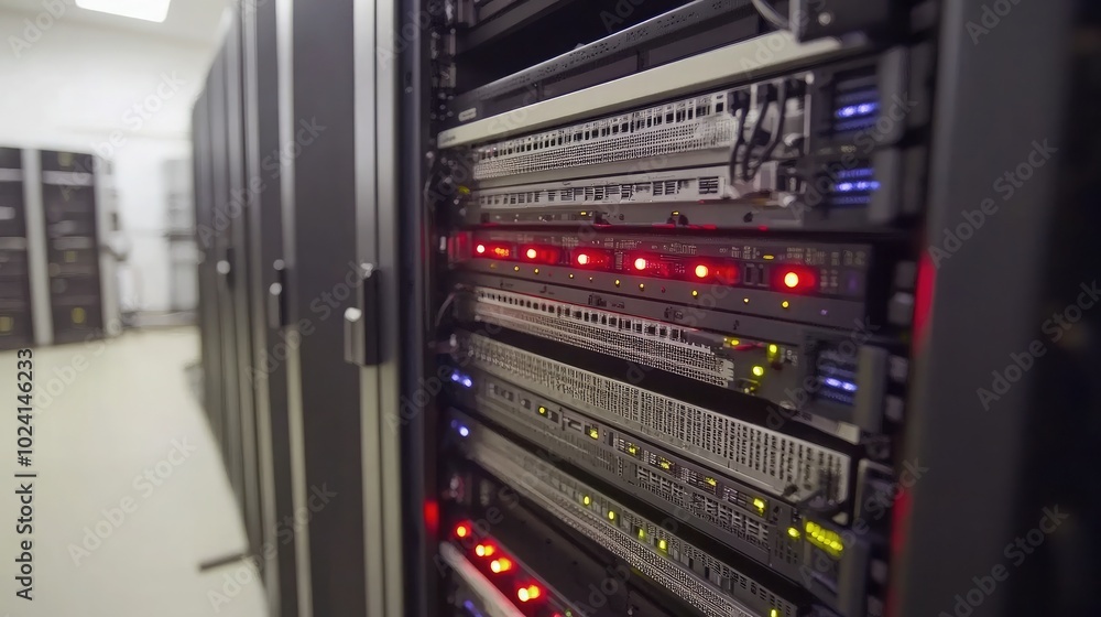 Naklejka premium High-Tech Server Room with Active Data Equipment