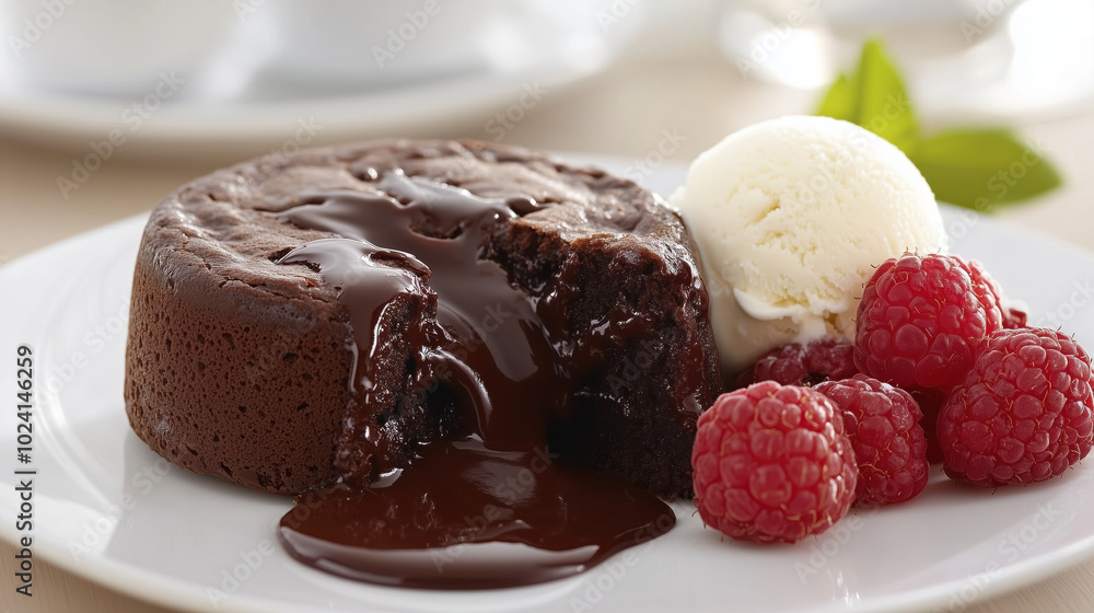 Decadent chocolate dessert featuring molten lava cake, ice cream, and raspberries