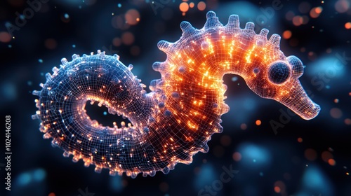 A glowing wireframe seahorse with an abstract background of bokeh lights.