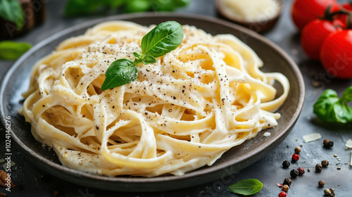 Creamy Alfredo pasta dish garnished with fresh basil and pepper