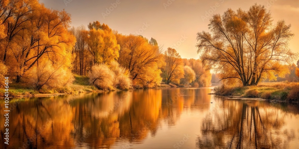 Low angle autumn landscape with trees near river in soft tones sepia Low angle autumn landscape with trees near river in soft tones sepia