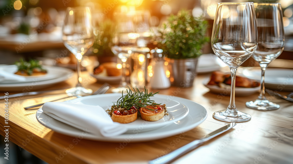 Elegant dining setting with gourmet dish and wine glasses, perfect for special occasions Elegant dining setting with gourmet dish and wine glasses, perfect for special occasions