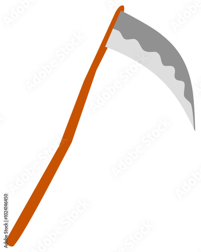 Long scythe. Agricultural hand tool for mowing grass or harvesting crops. Halloween weapon. Colored HD illustration SVG format vector graphic, editable 5 colors