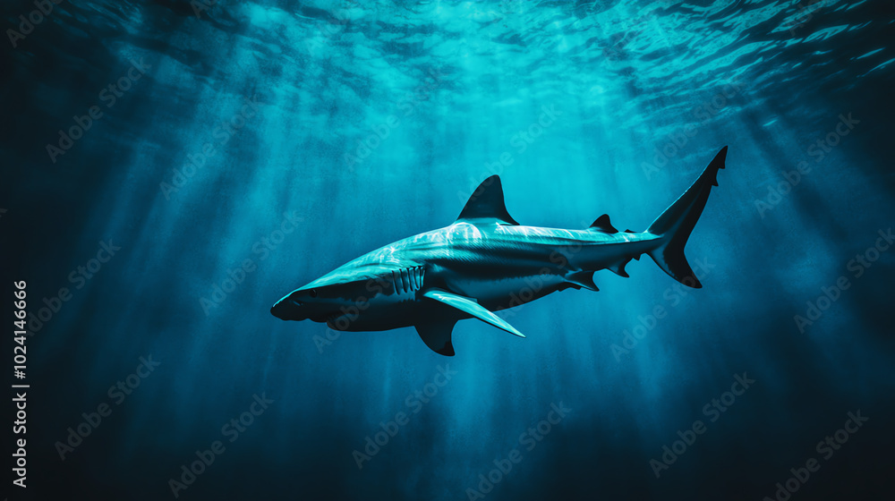 Fototapeta premium A majestic shark gliding through the deep ocean waters. The clear blue environment emphasizes its streamlined body and powerful presence.