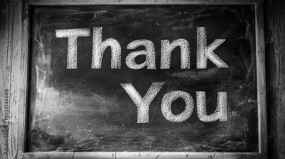 Fototapeta premium A blackboard displays the phrase Thank You in white chalk, conveying appreciation in a simple and classic style.